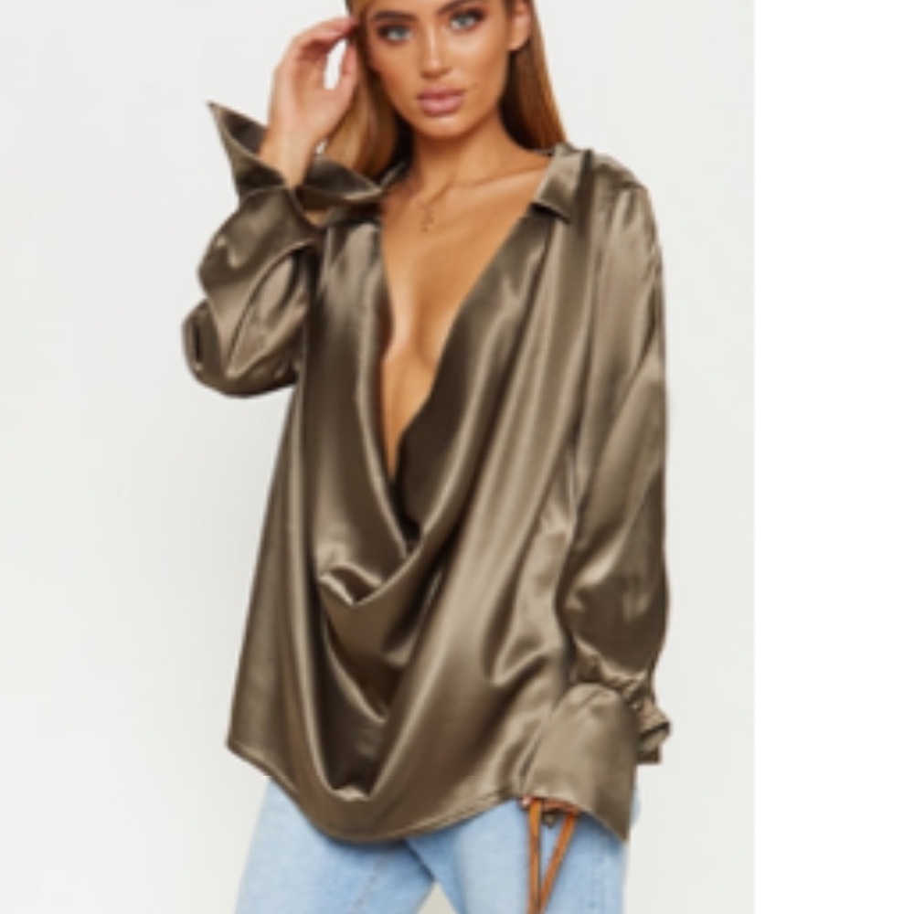 Pretty Little Thing - oversized deep v, cowl neck long sleeve top (olive green)
